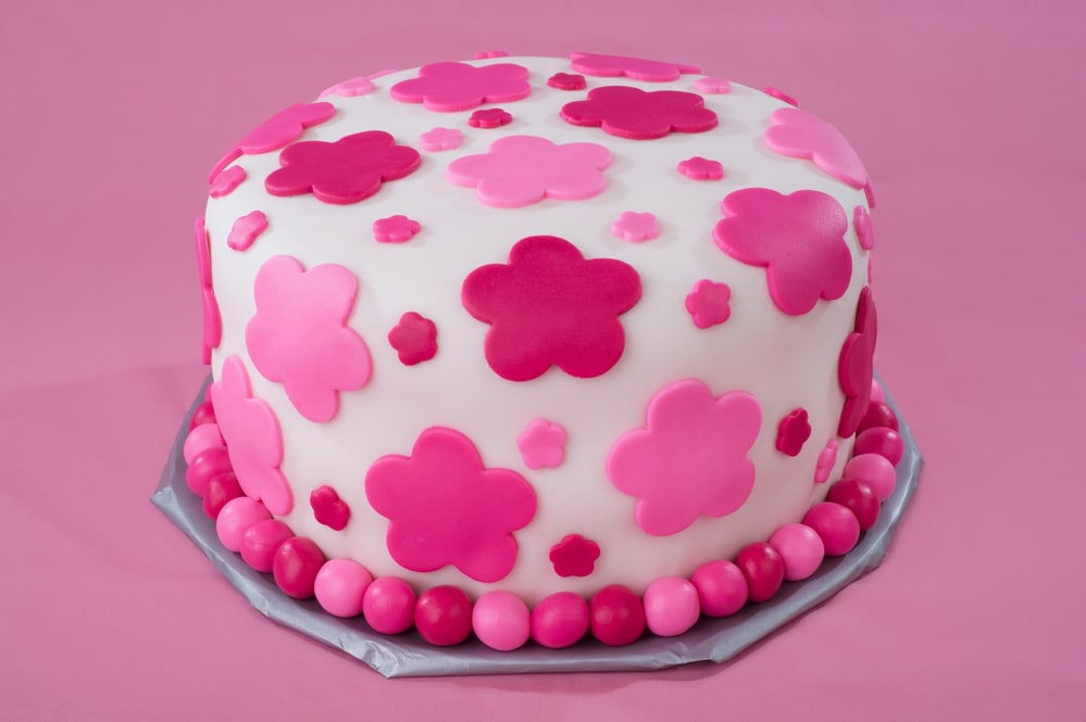 White Fondant Cake with Pink Flowers